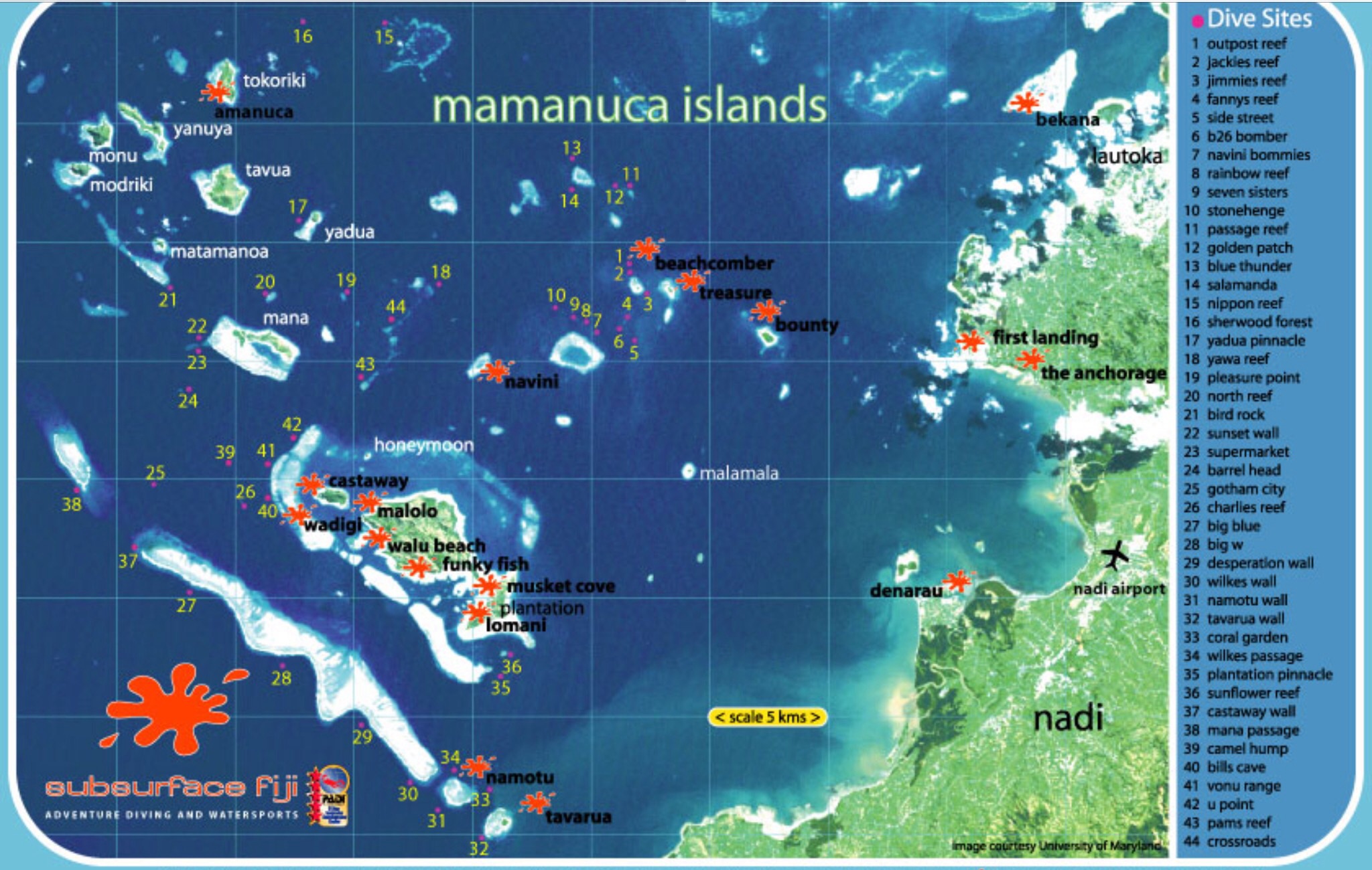 This map shows the numerous dive sites in the area. 